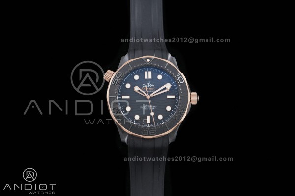 Seamaster Diver 300M Black Ceramic/RG ORF 1:1 Best Edition Black Dial On Black Rubber Strap Super Clone Asian 8806 Free Sprung