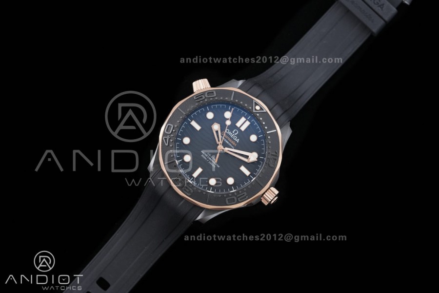 Seamaster Diver 300M Black Ceramic/RG ORF 1:1 Best Edition Black Dial On Black Rubber Strap Super Clone Asian 8806 Free Sprung