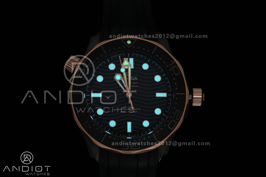 Seamaster Diver 300M Black Ceramic/RG ORF 1:1 Best Edition Black Dial On Black Rubber Strap Super Clone Asian 8806 Free Sprung