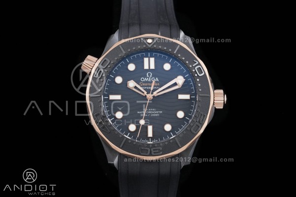 Seamaster Diver 300M Black Ceramic/RG ORF 1:1 Best Edition Black Dial On Black Rubber Strap Super Clone Asian 8806 Free Sprung