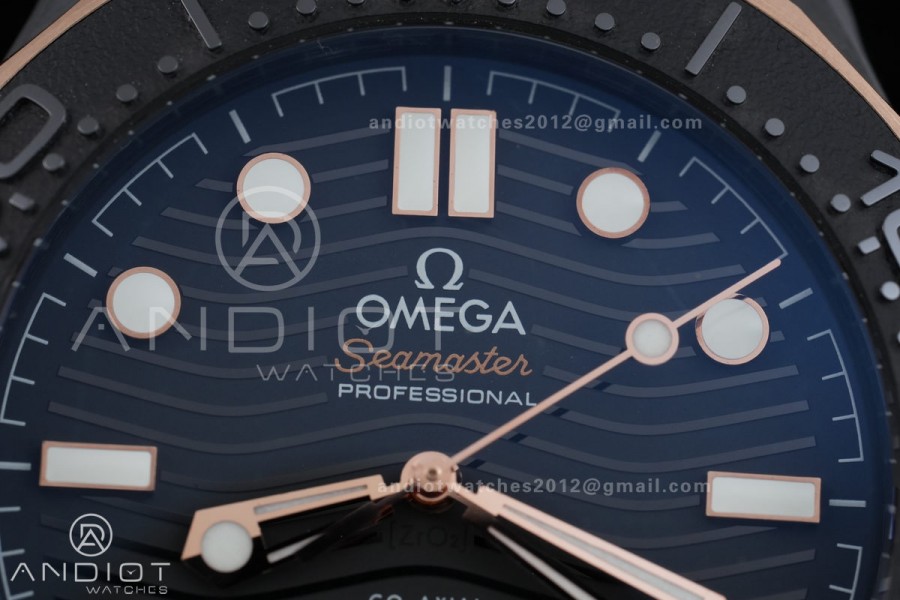 Seamaster Diver 300M Black Ceramic/RG ORF 1:1 Best Edition Black Dial On Black Rubber Strap Super Clone Asian 8806 Free Sprung