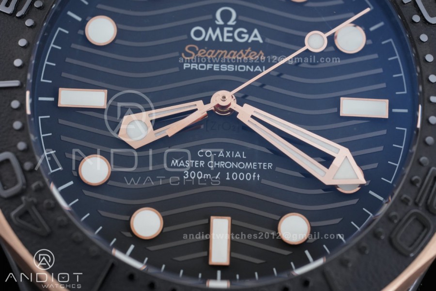 Seamaster Diver 300M Black Ceramic/RG ORF 1:1 Best Edition Black Dial On Black Rubber Strap Super Clone Asian 8806 Free Sprung