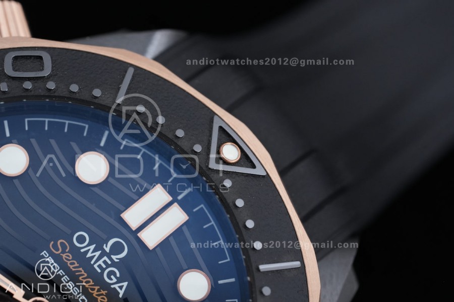 Seamaster Diver 300M Black Ceramic/RG ORF 1:1 Best Edition Black Dial On Black Rubber Strap Super Clone Asian 8806 Free Sprung