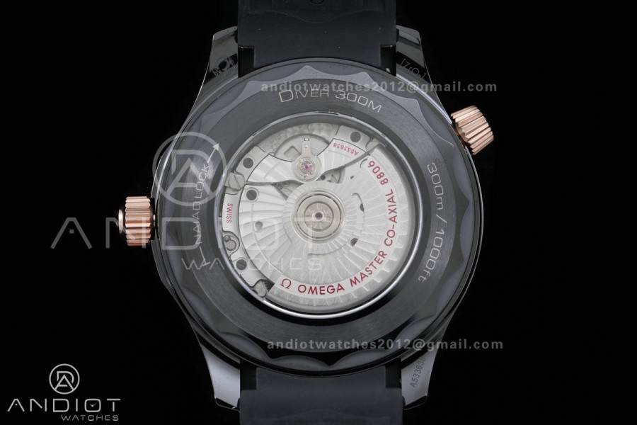 Seamaster Diver 300M Black Ceramic/RG ORF 1:1 Best Edition Black Dial On Black Rubber Strap Super Clone Asian 8806 Free Sprung