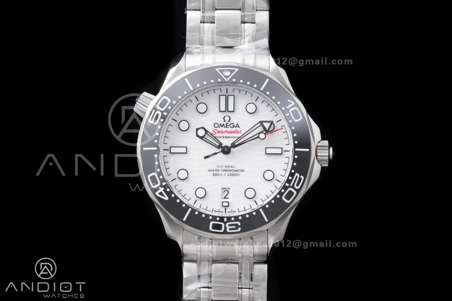 Seamaster Diver 300M Black Ceramic Bezel Free Sprung ORF 1:1  White Dial On SS Bracelet Asian Super Clone 8800