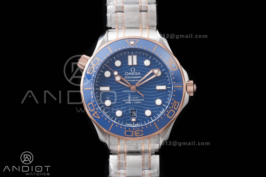 Seamaster Diver 300M Blue Ceramic Bezel Free Sprung ORF 1:1 Blue Dial On SS/RG Bracelet Asian Super Clone 8800