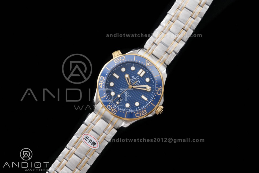 Seamaster Diver 300M Blue Ceramic Bezel Free Sprung ORF 1:1 Blue Dial On SS/YG Bracelet Asian Super Clone 8800