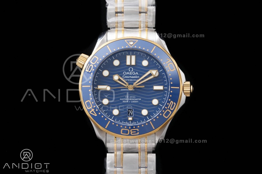 Seamaster Diver 300M Blue Ceramic Bezel Free Sprung ORF 1:1 Blue Dial On SS/YG Bracelet Asian Super Clone 8800