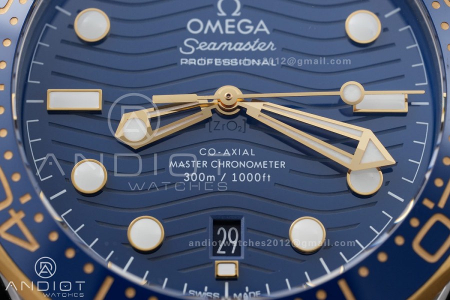 Seamaster Diver 300M Blue Ceramic Bezel Free Sprung ORF 1:1 Blue Dial On SS/YG Bracelet Asian Super Clone 8800