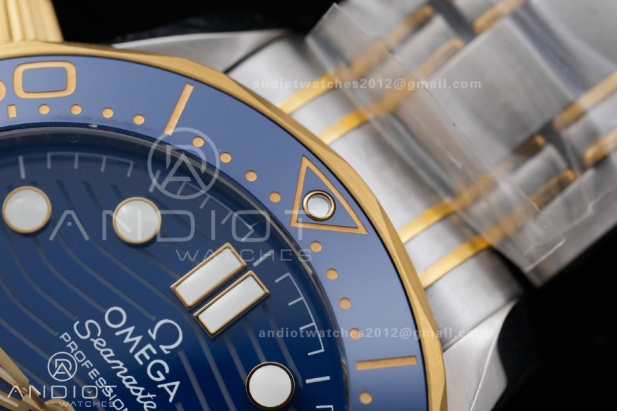 Seamaster Diver 300M Blue Ceramic Bezel Free Sprung ORF 1:1 Blue Dial On SS/YG Bracelet Asian Super Clone 8800
