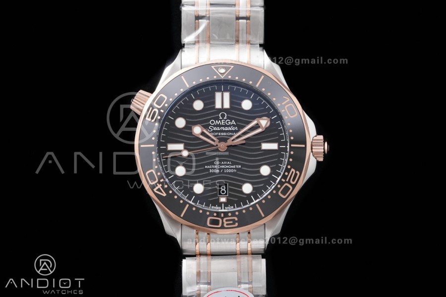 Seamaster Diver 300M Black Ceramic Bezel Free Sprung ORF 1:1 Black Dial On SS/RG Bracelet Asian Super Clone 8800