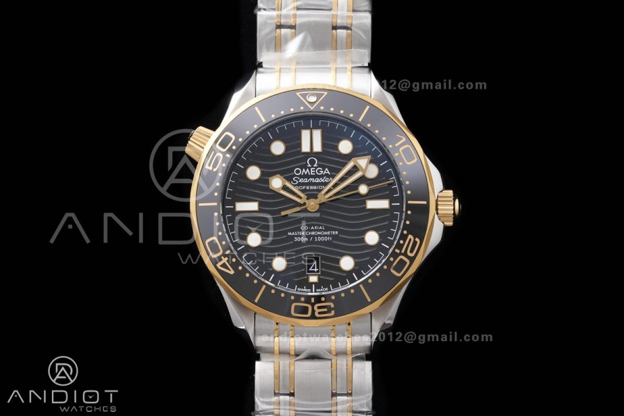 Seamaster Diver 300M Black Ceramic Bezel Free Sprung ORF 1:1 Black Dial On SS/YG Bracelet Asian Super Clone 8800