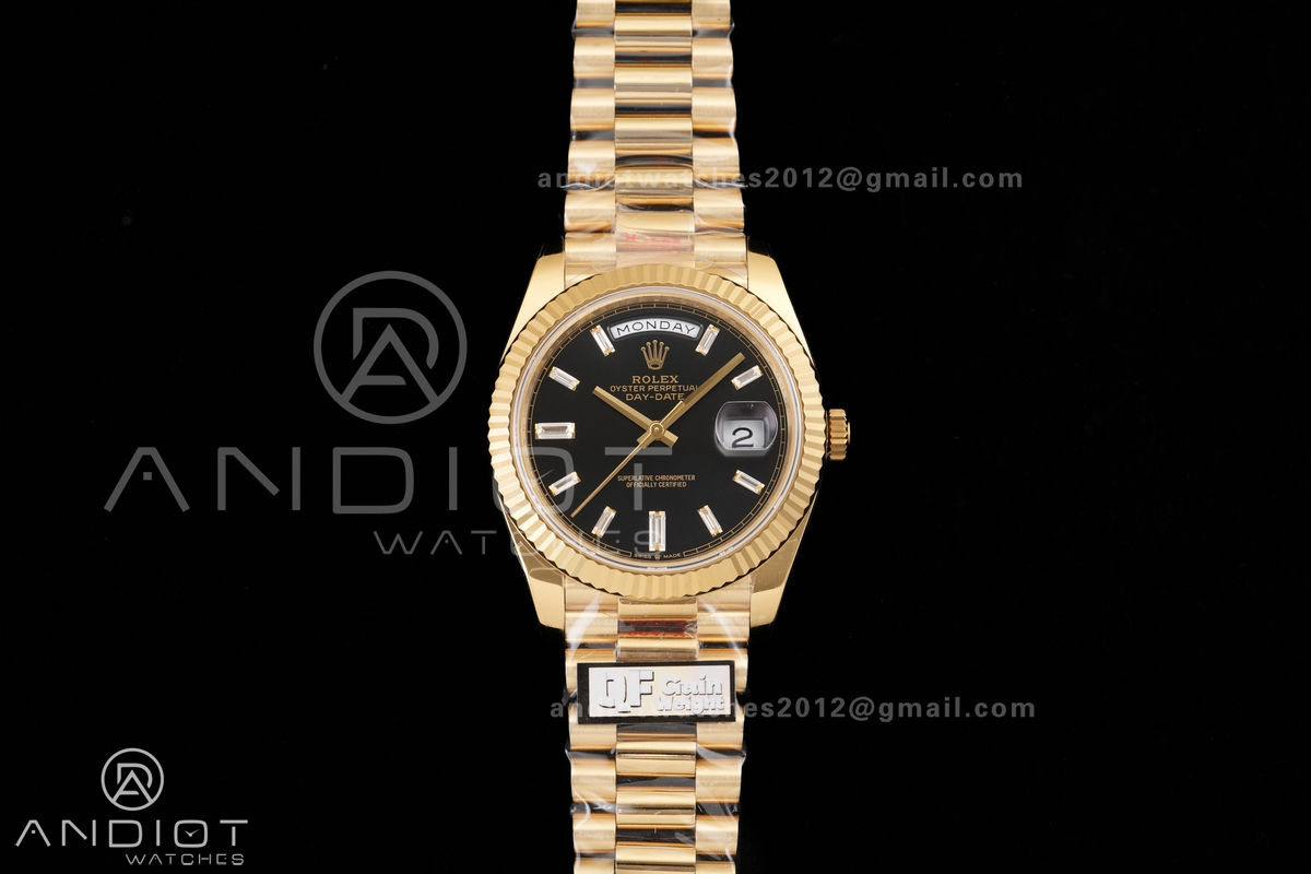DayDate 40 YG QF 1:1 Best Edition 904L Steel Black Crystal Dial on President Bracelet VR3255 V8 (Gain Weight)