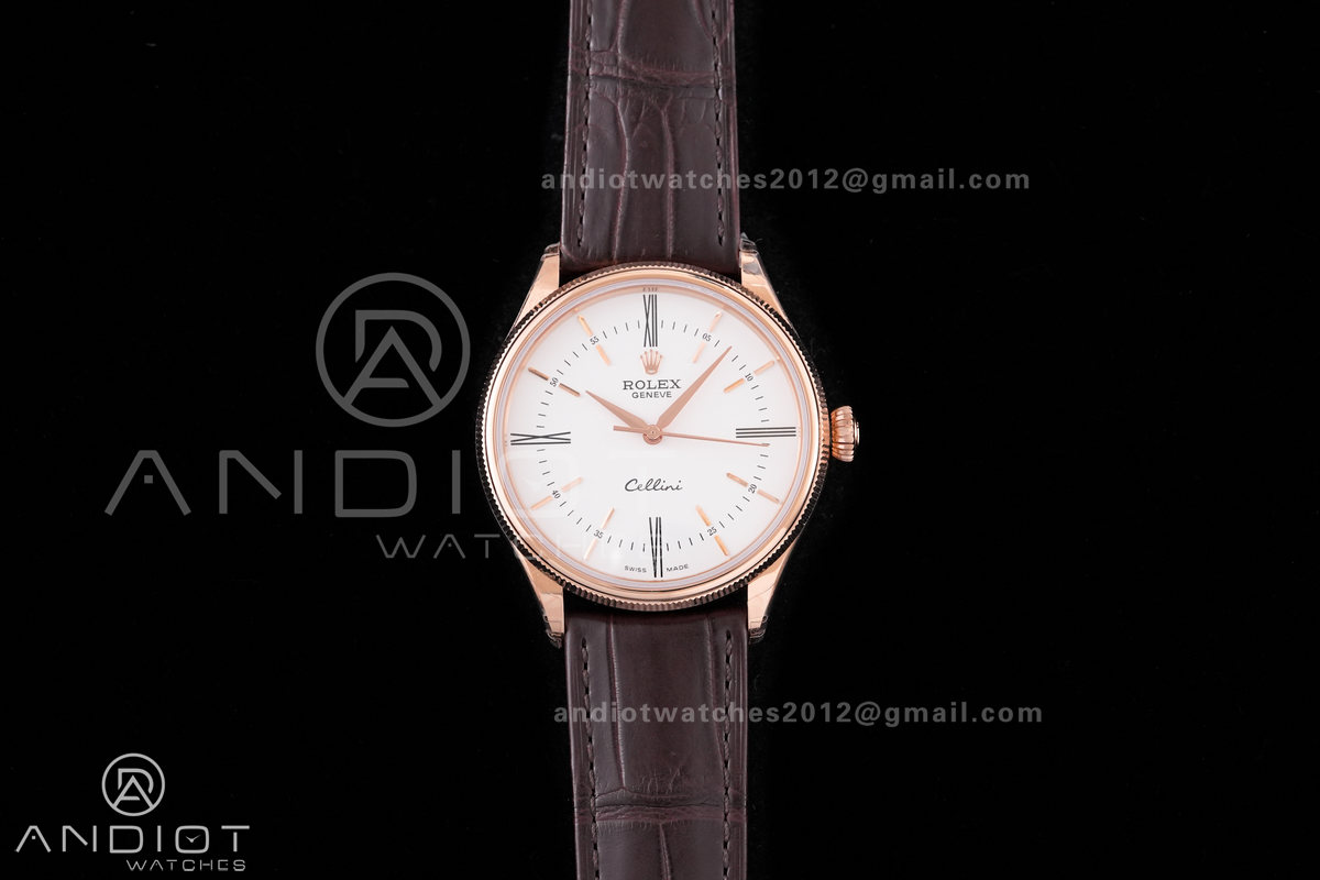 Cellini 50505 RG KZF 1:1 Best Edition White Dial Roma Markers on Brown Leather Strap SA3132
