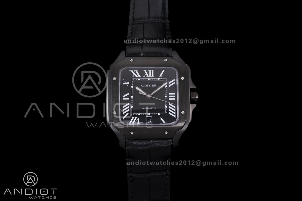 Santos de Cartier 40mm PVD BVF 1:1 Best Edition Black Dial on Black Leather Strap MIYOTA 9015