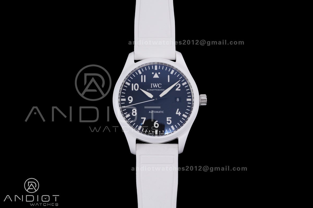 IWC Pilot 41 Top Gun Lake Tahoe Ceramic IW328104 M+F Best Edition on White Rubber Strap MIYOTA 9015