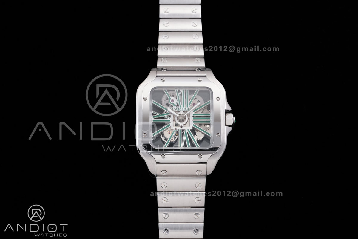 Santos de Cartier Skeleton SS MLF Skeleton Green Dial on SS SmartLink Bracelet 9611MC Super Clone