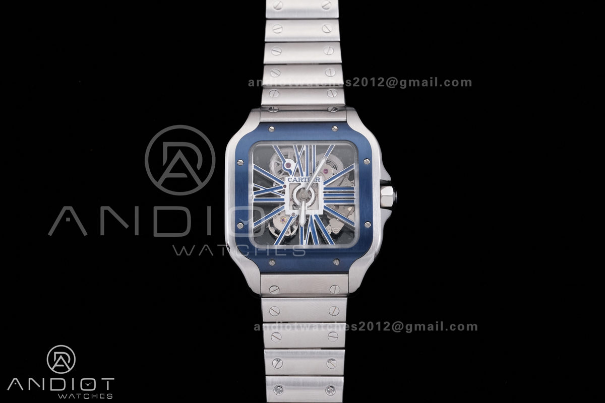 Santos de Cartier Skeleton SS MLF Skeleton Blue Skeleton Dial Blue Bezel on SS SmartLink Bracelet 9611MC Super Clone