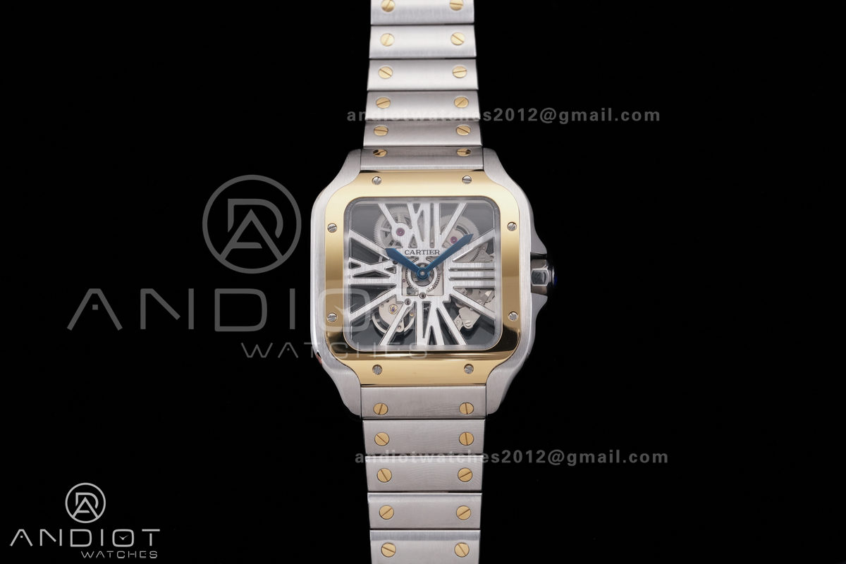 Santos de Cartier Skeleton SS/YG MLF Skeleton Dial on SS/YG SmartLink Bracelet 9611MC Super Clone