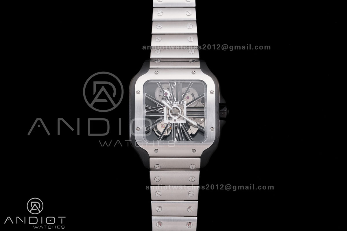 Santos de Cartier Skeleton PVD MLF Skeleton Black Skeleton Dial on SS SmartLink Bracelet 9611MC Super Clone