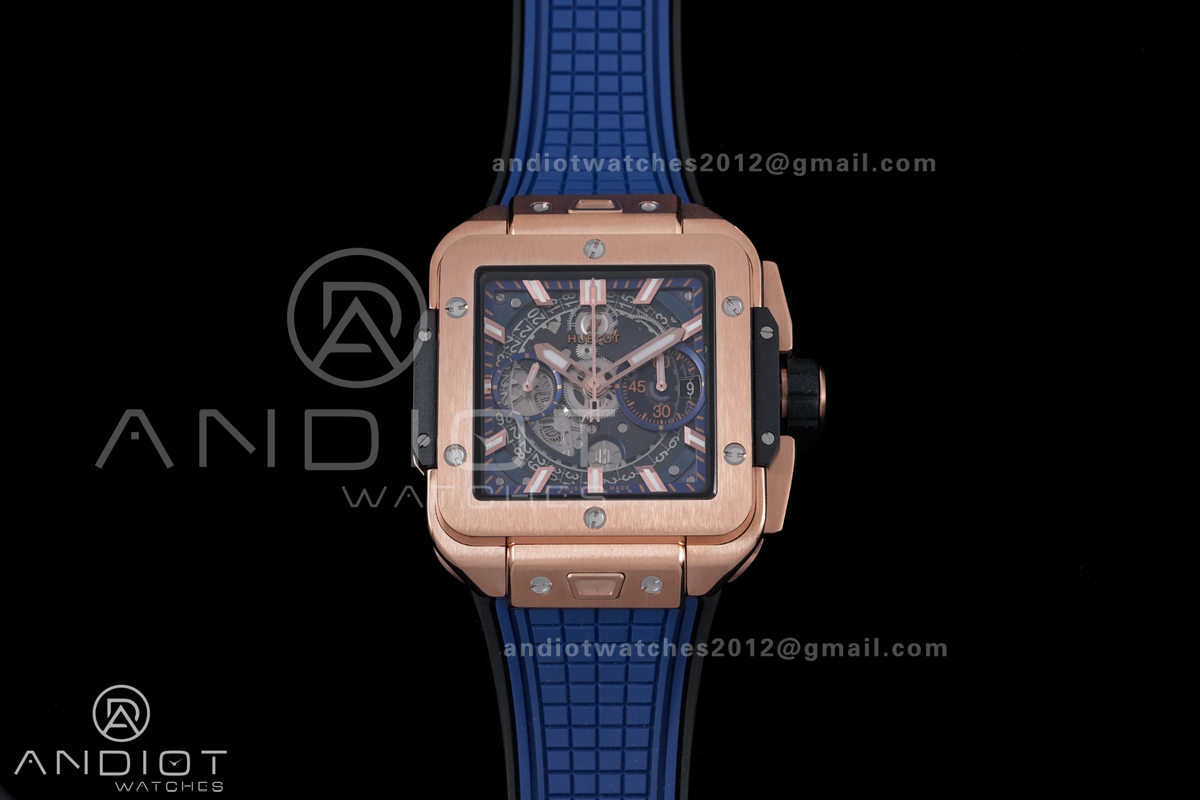 Square Bang Unico 42mm RG BBF 1:1 Best Edition Blue Skeleton Dial on Blue Rubber Strap A1280