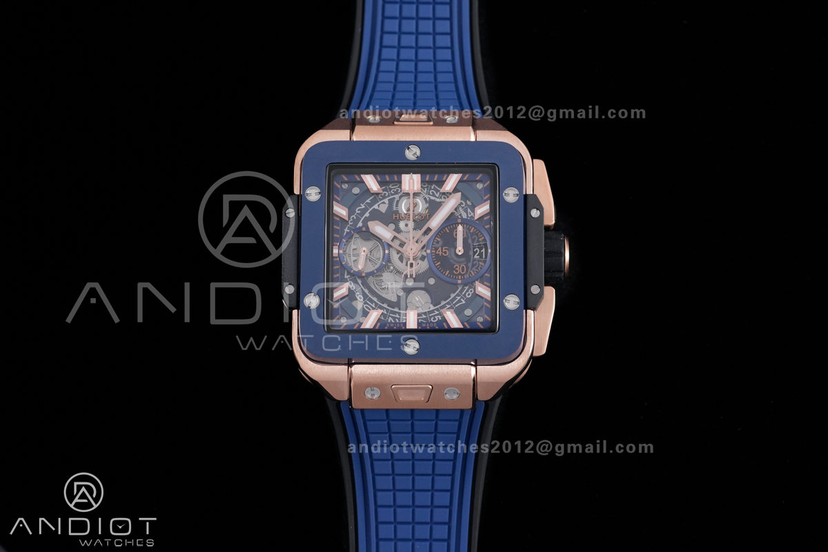 Square Bang Unico 42mm RG Blue Ceramic Bezel BBF 1:1 Best Edition Skeleton Dial on Blue Rubber Strap A1280