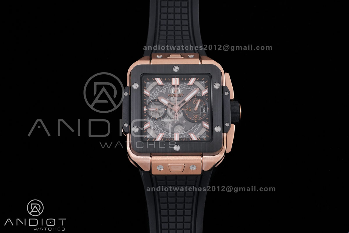Square Bang Unico 42mm RG BBF 1:1 Best Edition Skeleton Dial Ceramic Bezel on Black Rubber Strap A1280