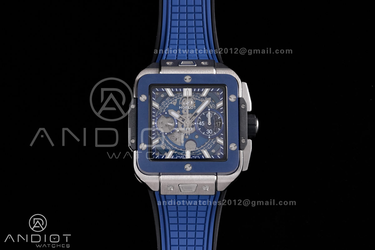 Square Bang Unico 42mm Titanium Blue Ceramic Bezel BBF 1:1 Best Edition Skeleton Dial on Blue Rubber Strap A1280
