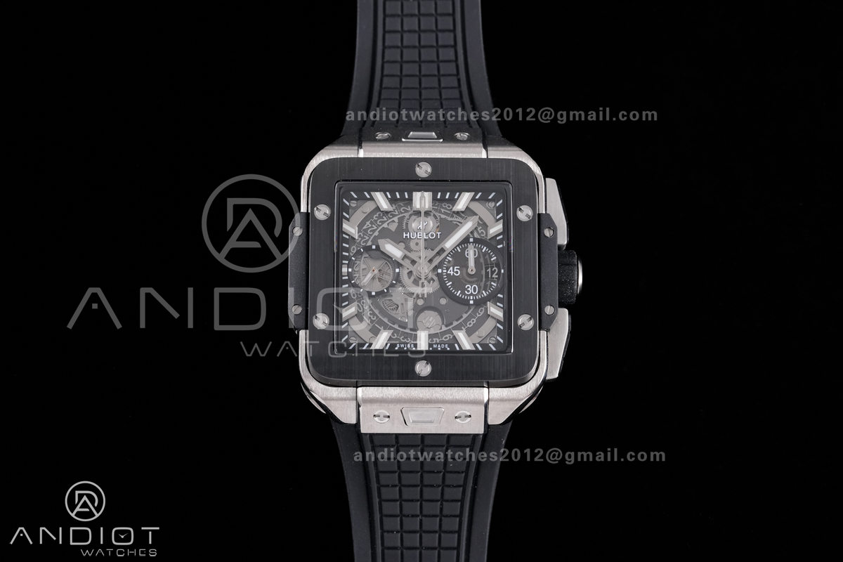 Square Bang Unico 42mm Titanium BBF 1:1 Best Edition Skeleton Dial Ceramic Bezel on Black Rubber Strap A1280
