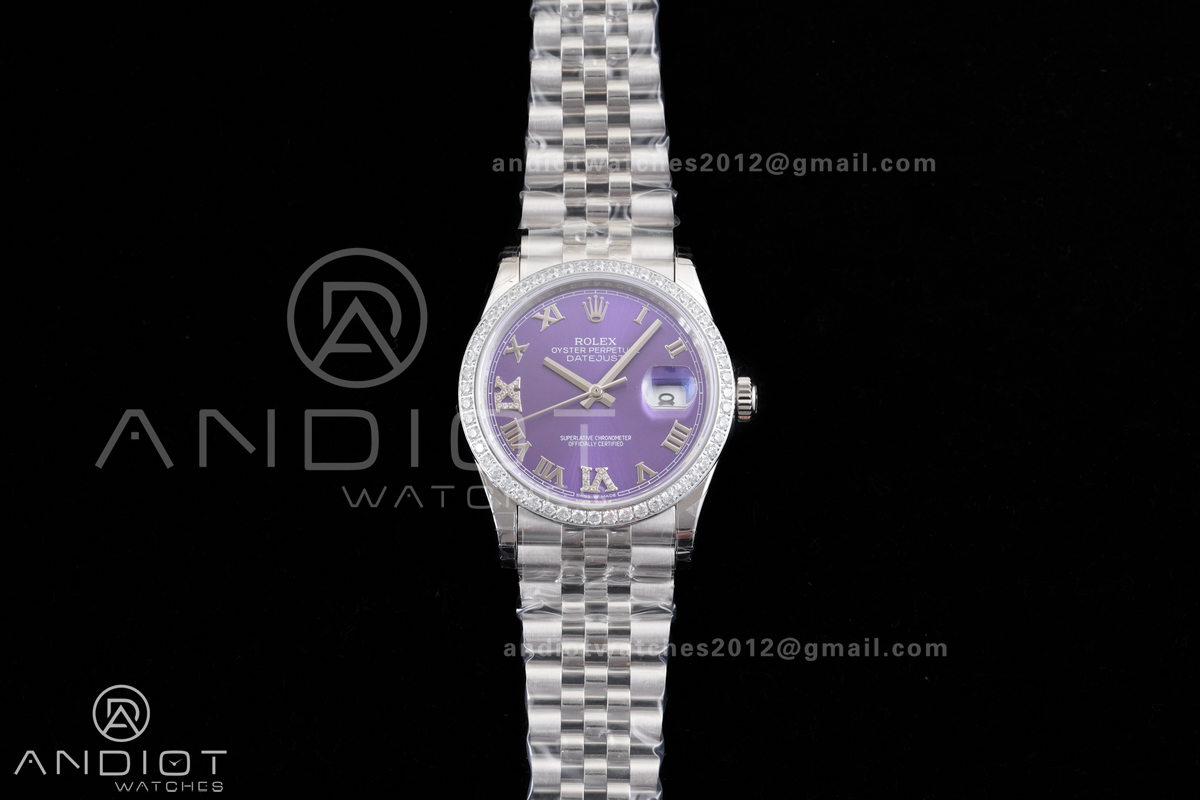 DateJust 36 126234 GSF 1:1 Best Edition Purple Diamonds Roman Dial Diamond Bezel on SS Jubilee Bracelet A3235