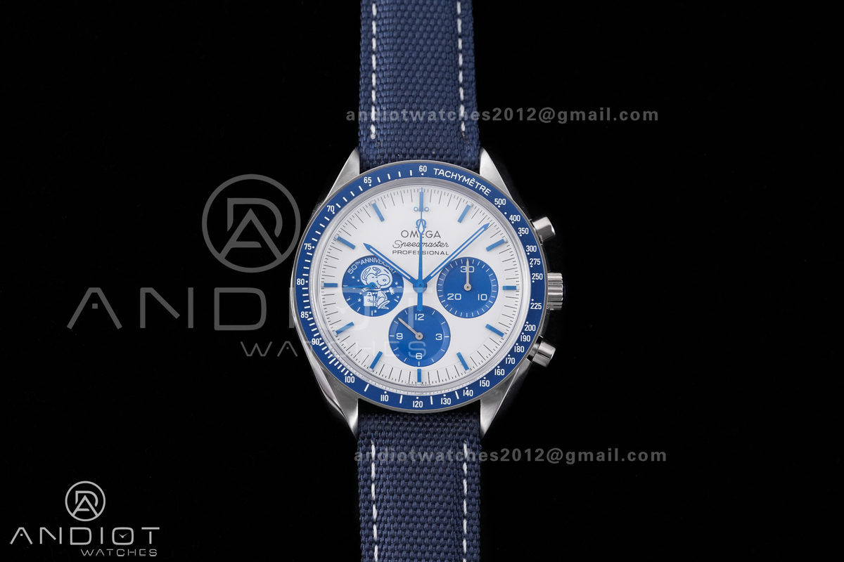 Speedmaster Professional Snoopy SS SMF 1:1 Best Edition Silver Dial Blue Marker On Blue Nylon Strap A3861(Free SS Bracelet)