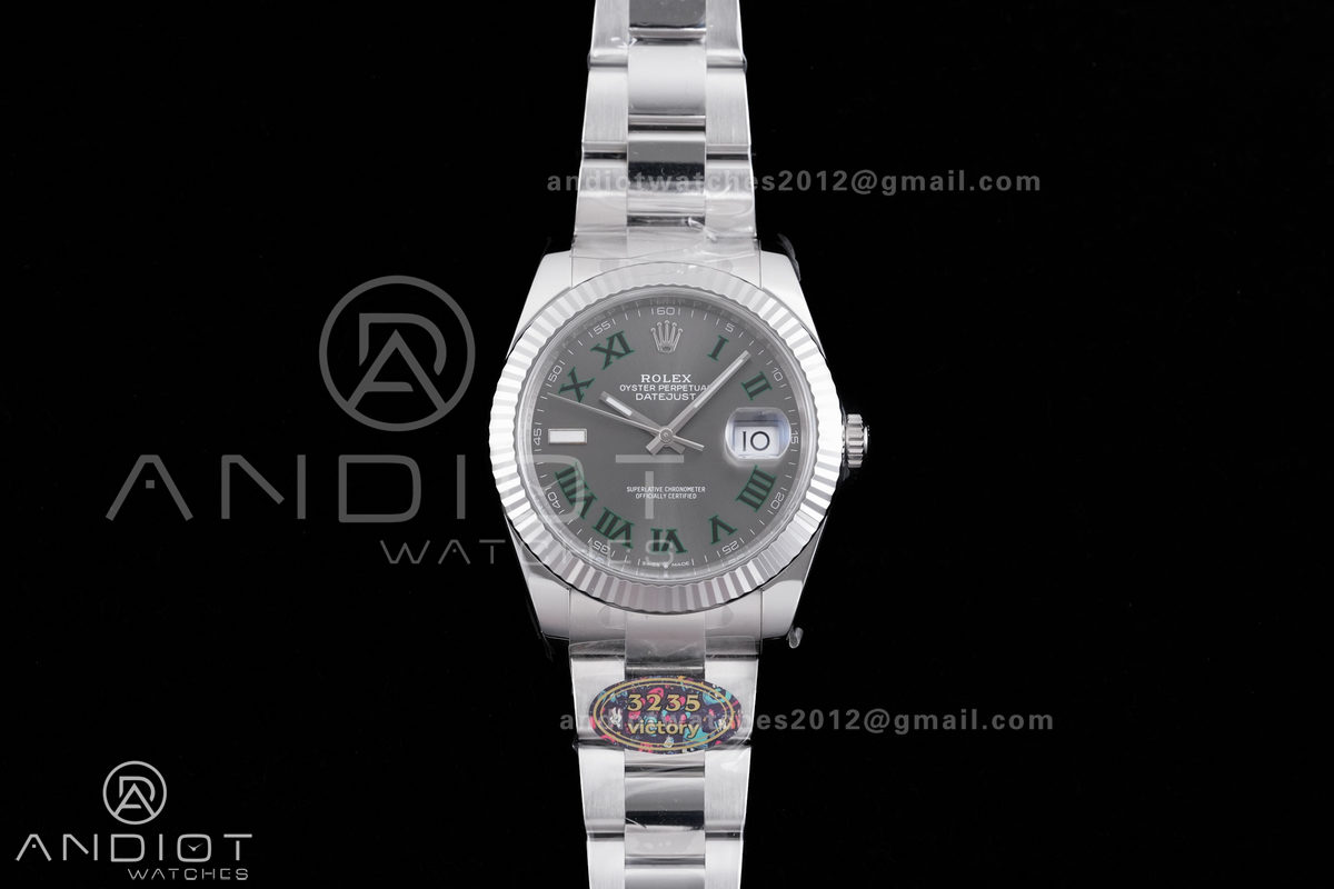 DateJust 41 126334 904L SS VF 1:1 Wimbledon Best Edition Gray Dial Green Roman on Oyster Bracelet DD3235