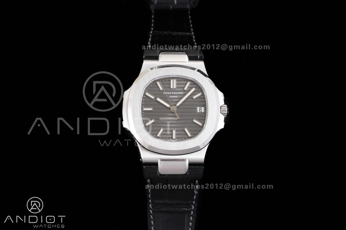 Nautilus 5711 SS DDF 1:1 Best Edition Gray Dial on Black Leather Strap DD324 Super Clone (Weighted)