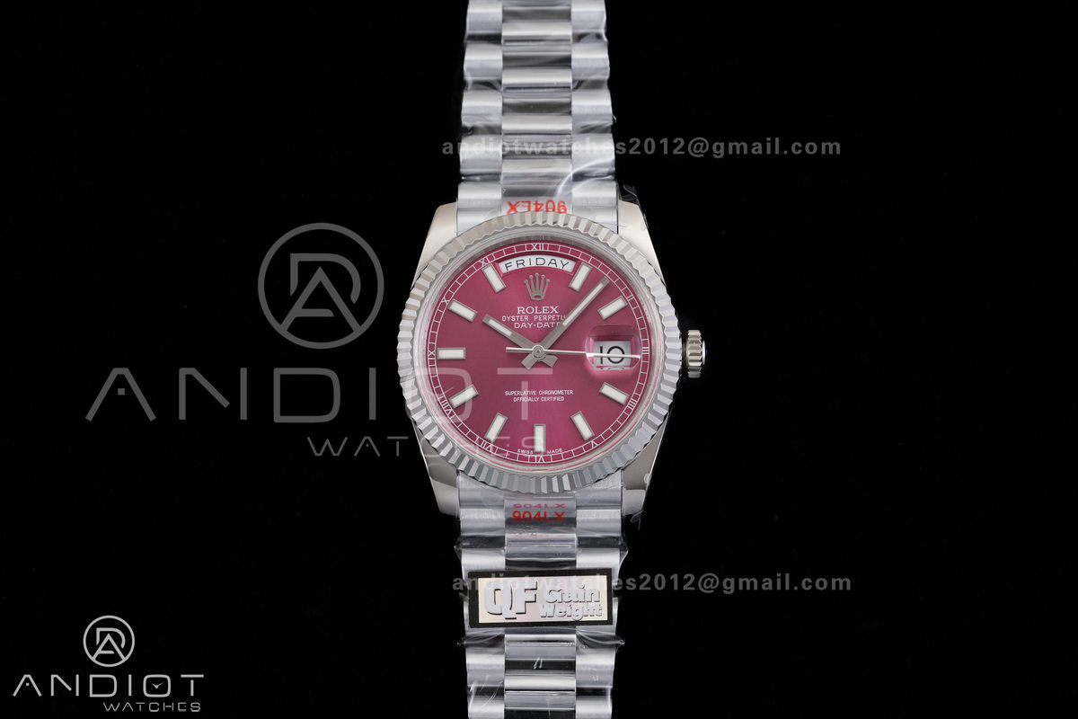 Day Date 128239 Gain Weight QF 1:1 Best Edition Cherry Red Dial Stick Marker On President Bracelet VR3255