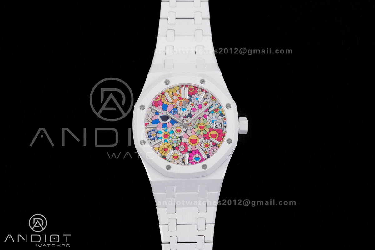 Royal Oak 15500 White Ceramic APSF 1:1 Best Edition Takashi Murakami SA4302 Super Clone