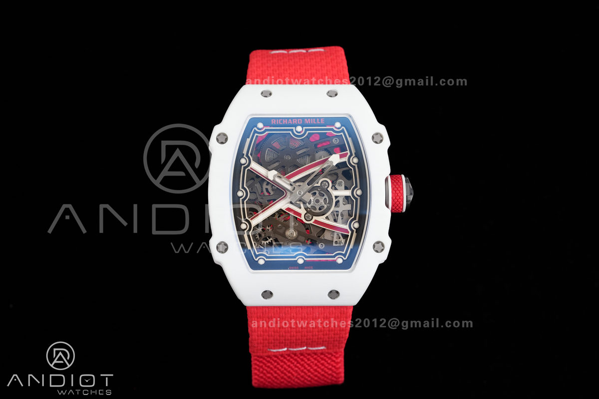 AVF RM67-02 White NTPT Spain Skeleton Dial on Red Elastic strap CRMA7 Clone