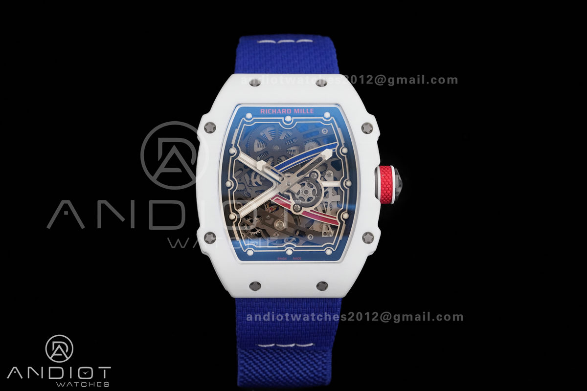 AVF RM67-02 France White NTPT Spain Skeleton Dial on Blue Elastic strap CRMA7 Clone