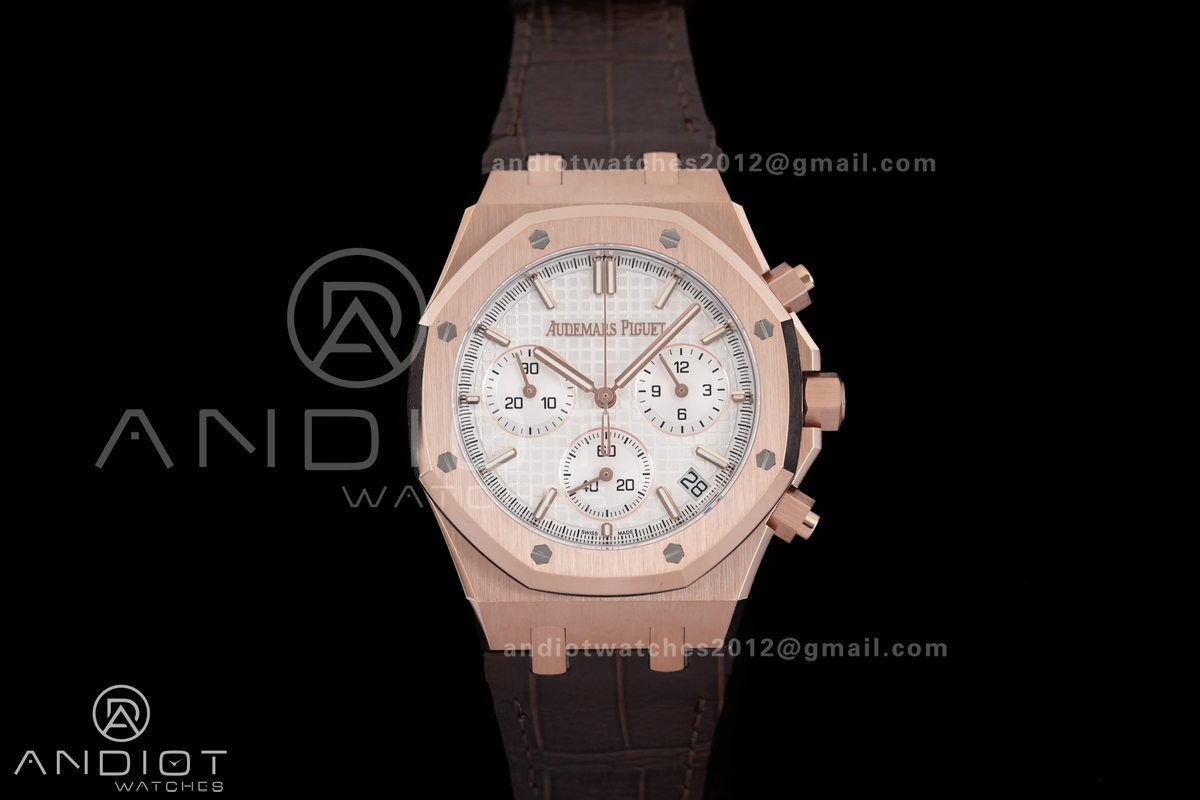 Royal Oak Chrono 26240 RG DDF 1:1 Best Edition White Dial on Brown Leather Bracelet DD4401 Super Clone (SW Dial)