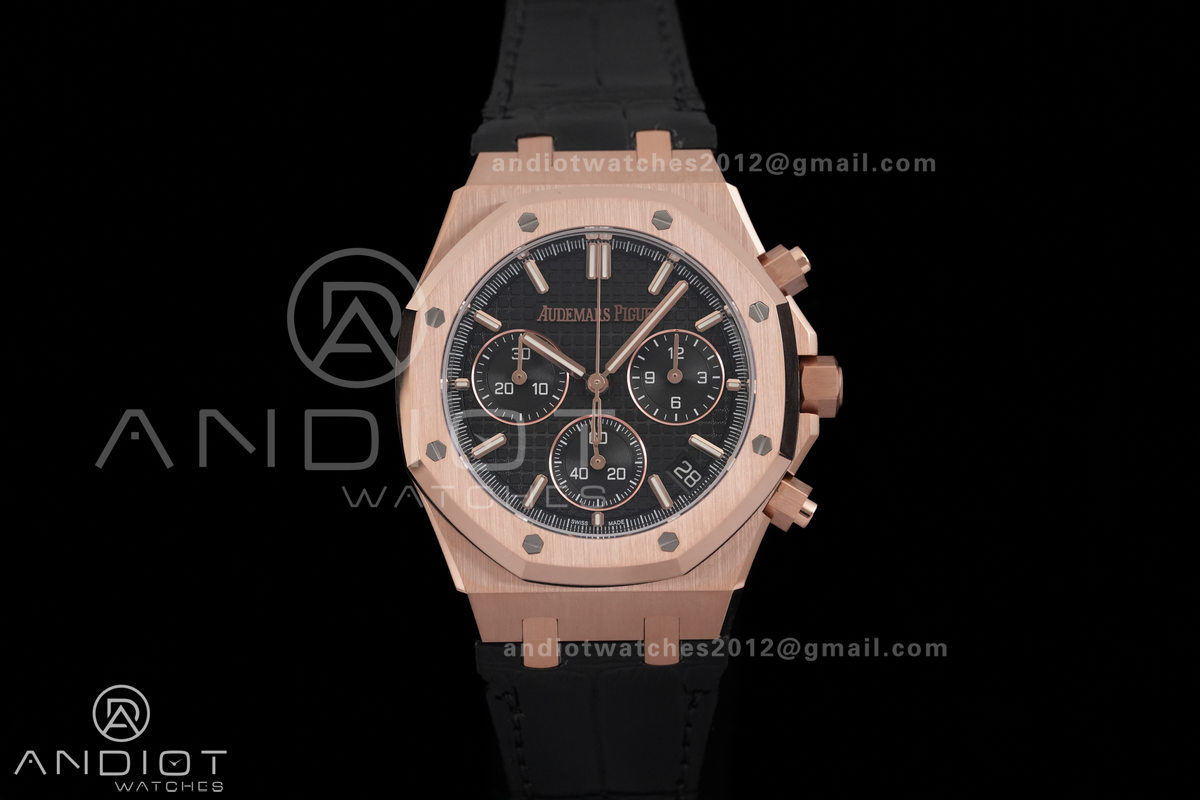 Royal Oak Chrono 26240 RG DDF 1:1 Best Edition Black Dial on Black Leather Bracelet DD4401 Super Clone (SW Dial)