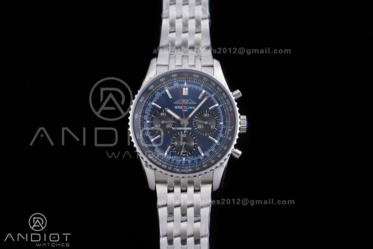 Navitimer B01 SS 43mm BLS 1:1 Best Edition Dark Blue Dial Black Subdial on SS Bracelet A7750