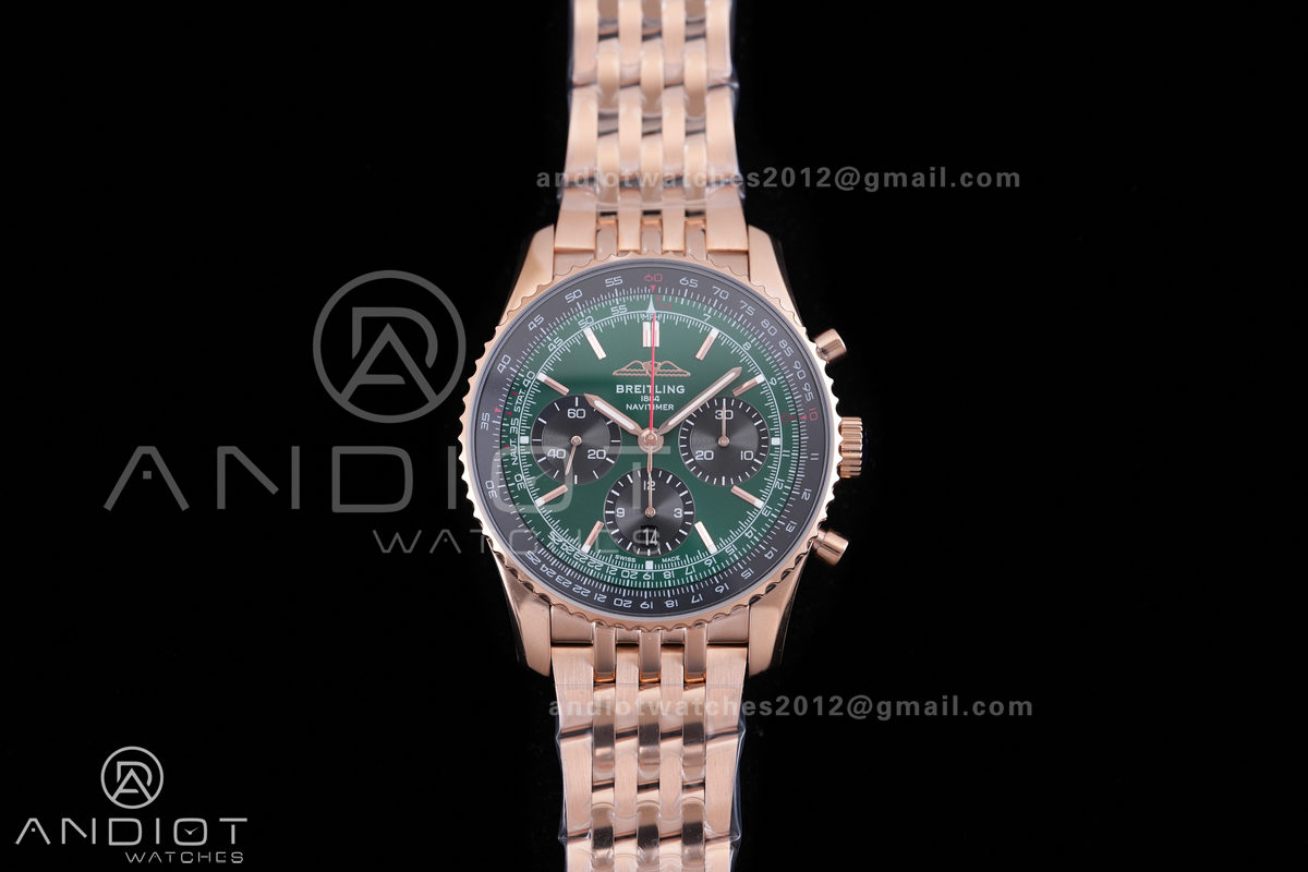Navitimer B01 RG 43mm BLS 1:1 Best Edition Green Dial Black Subdial on RG Bracelet A7750
