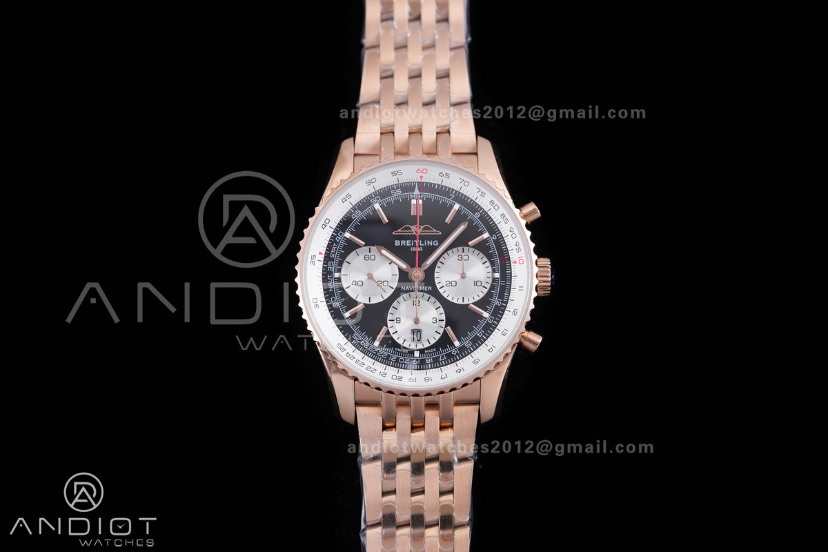 Navitimer B01 RG 43mm BLS 1:1 Best Edition Black Dial White Subdial on RG Bracelet A7750