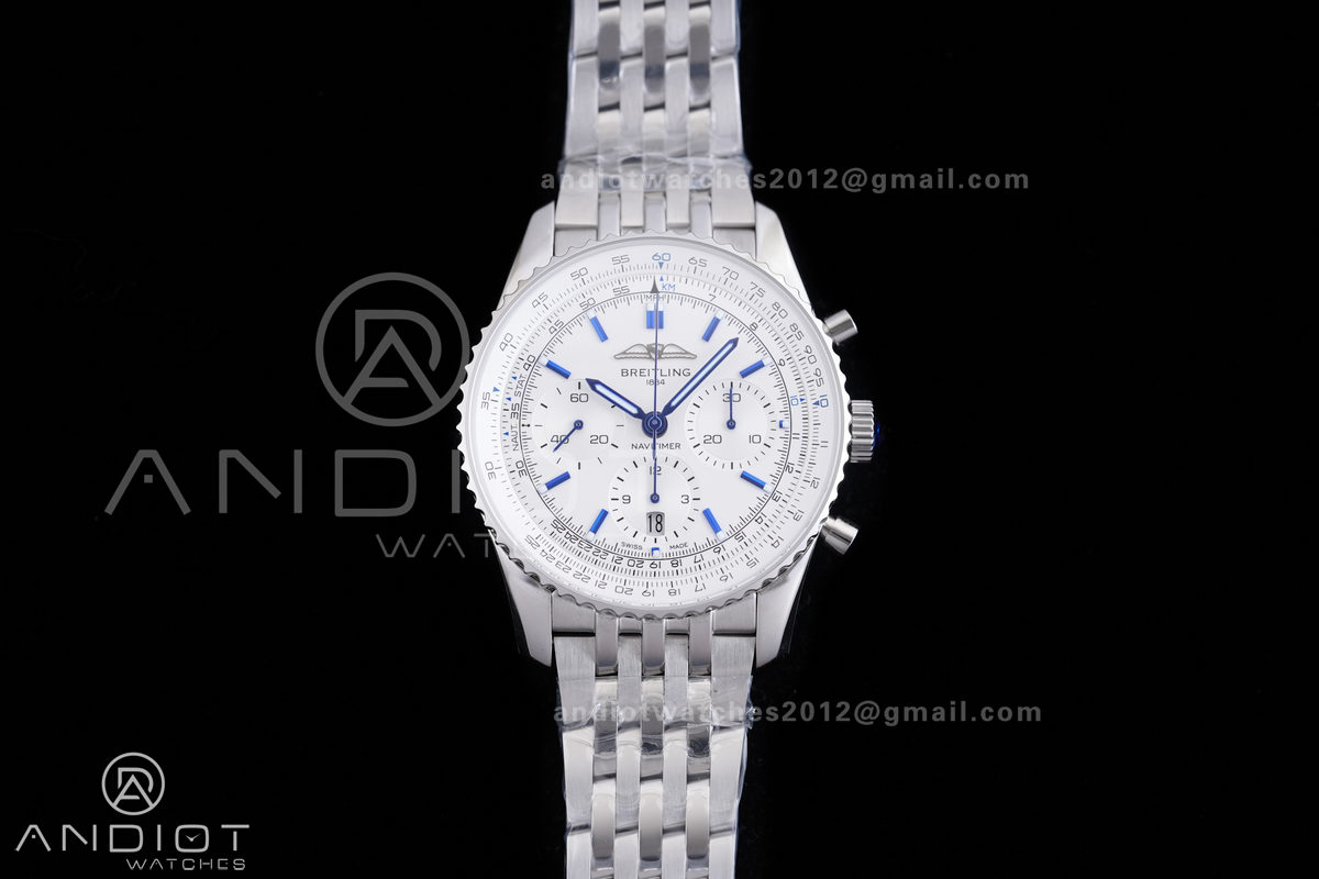 Navitimer B01 SS 43mm BLS 1:1 Best Edition White Dial Blue Marker on SS Bracelet A7750