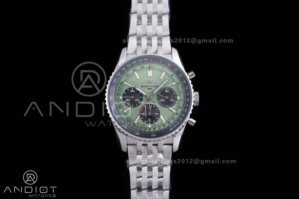 Navitimer B01 SS 43mm BLS 1:1 Best Edition Green Dial Black Subdial on SS Bracelet A7750