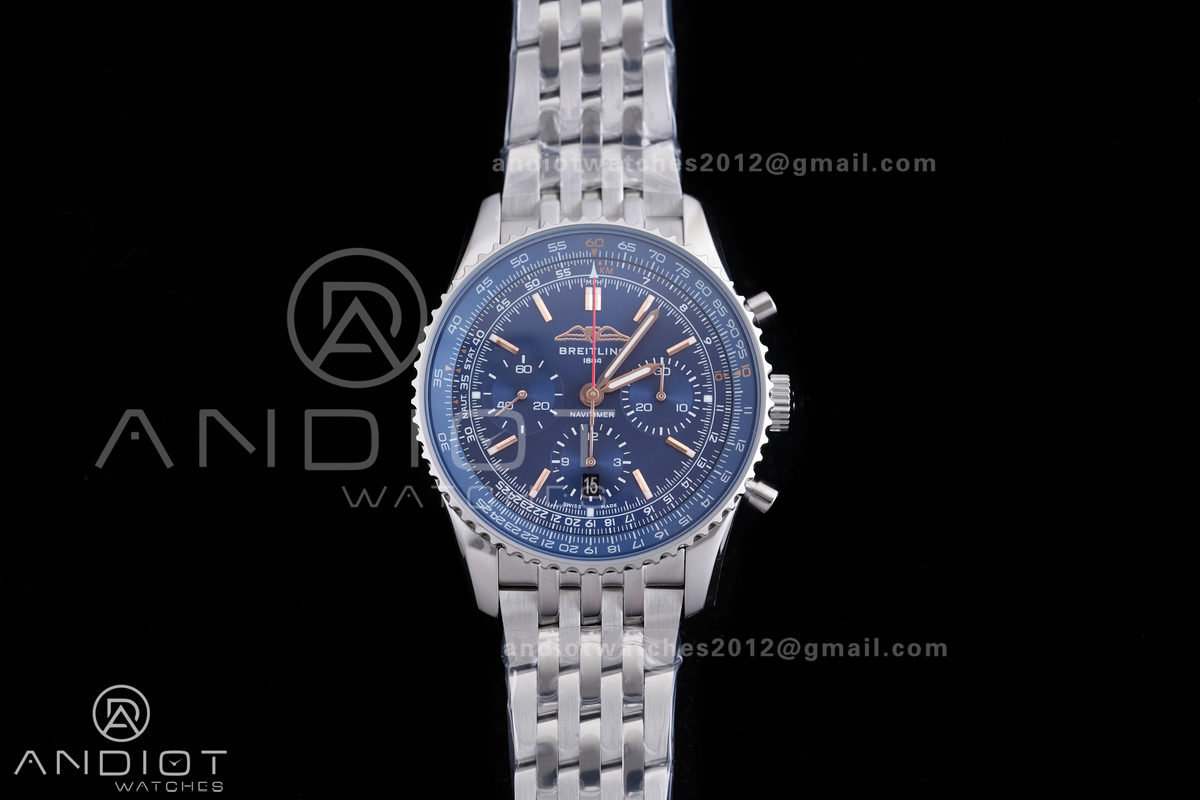Navitimer B01 SS 43mm BLS 1:1 Best Edition Blue Dial RG Marker on SS Bracelet A7750