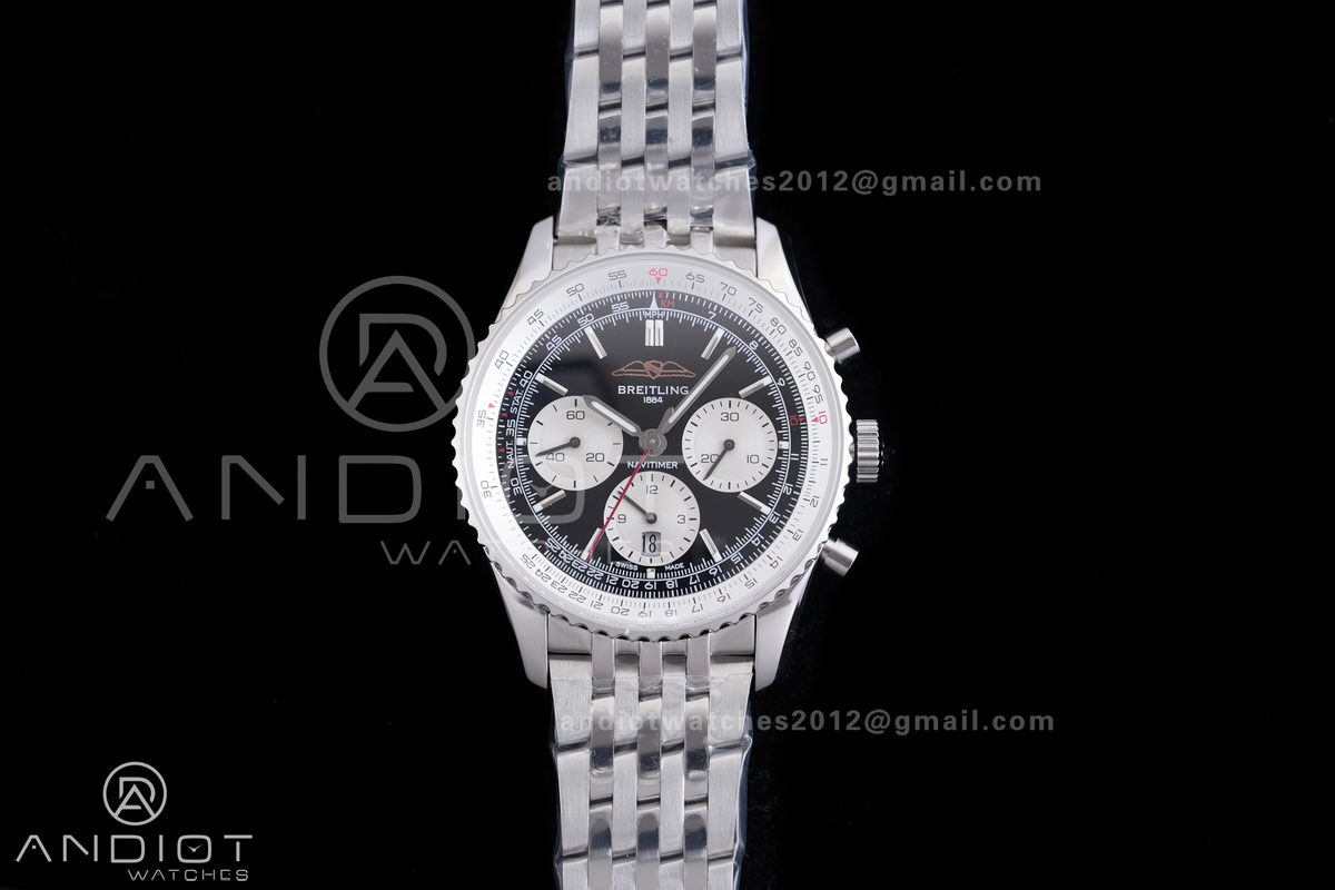 Navitimer B01 SS 43mm BLS 1:1 Best Edition Black Dial White subdial on SS Bracelet A7750
