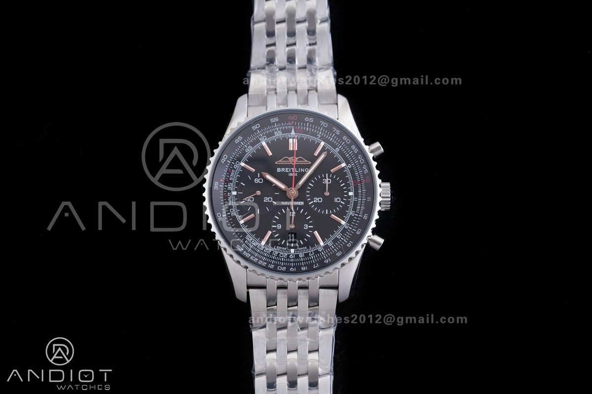 Navitimer B01 SS 43mm BLS 1:1 Best Edition Black Dial RG Marker on SS Bracelet A7750