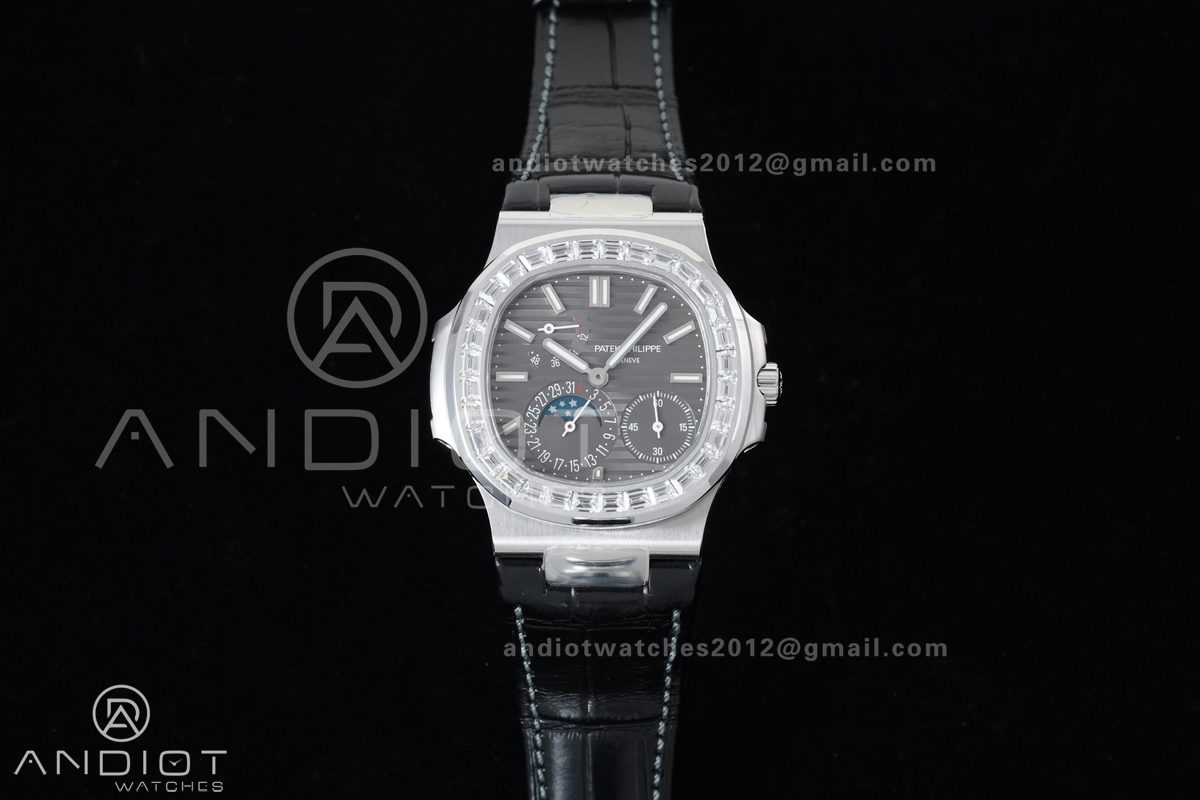 Nautilus 5712 Full Diamonds SS PPF 1:1 Best Edition Gray Dial on Black Leather Strap A240 Super Clone V3