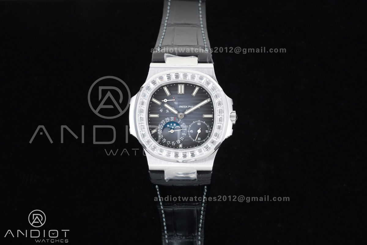 Nautilus 5712 Full Diamonds SS PPF 1:1 Best Edition Blue Dial on Black Leather Strap A240 Super Clone V3