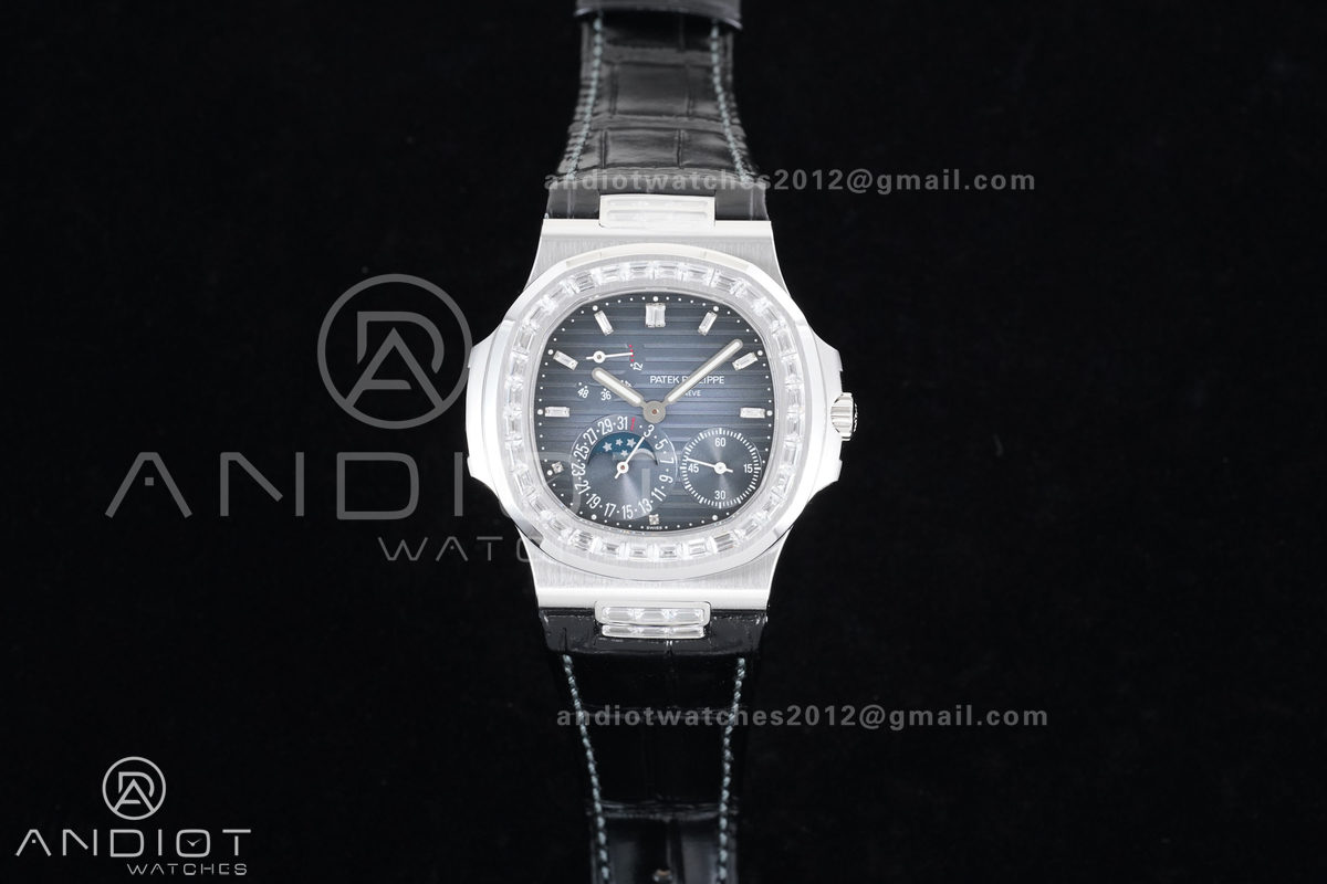 Nautilus 5712 Full Diamonds SS PPF 1:1 Best Edition Blue Dial on Black Leather Strap A240 Super Clone V3